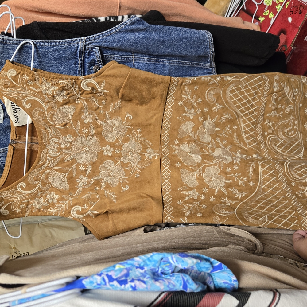 Savanna Jane Tan and White Embroidered Dress
